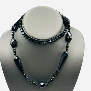 Authentic Art Deco Black Glass Bead Long Flapper Necklace